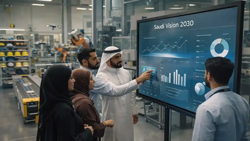 Saudi men and women review a Saudi Vision 2030 progress dashboard on a large touchscreen inside a modern training lab with robotics.