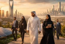 Saudi professionals walk near solar panels with Riyadh skyline at sunset, symbolizing Saudi Vision 2030 projects, jobs, and modernization.