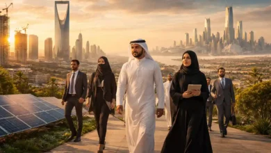 Saudi professionals walk near solar panels with Riyadh skyline at sunset, symbolizing Saudi Vision 2030 projects, jobs, and modernization.