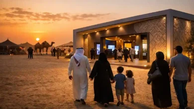 Visitors enter the Saudi MOI Security Oasis exhibition pavilion at the King Abdulaziz Camel Festival in Al-Sayahid near Riyadh at sunset.
