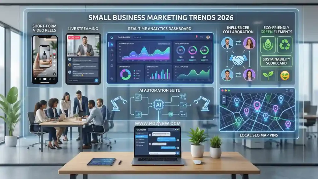 Digital illustration of small business professionals using AI tools, analytics dashboards, and social media icons representing marketing trends for 2026.