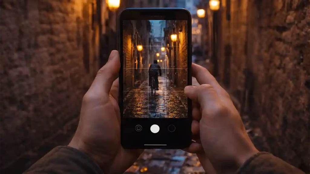 Hands holding a smartphone capturing a cyclist in a rainy old-city alley with warm lantern reflections mobile-first stunning travel photography.