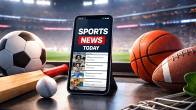 Sports news today featured image showing a smartphone with sports headlines and soccer, cricket, basketball, and American football gear on a desk