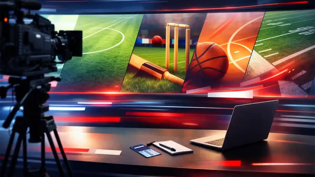 Sports news today newsroom featured image with broadcast camera and LED wall showing soccer, cricket, basketball, and American football visuals