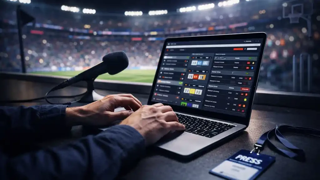 Sports news today image showing a journalist typing on a laptop in a stadium media area with microphone and press credential at night