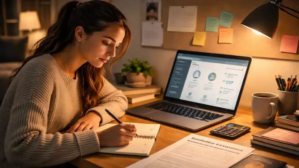 Student reviewing education updates with laptop, scholarship form, and study abroad documents
