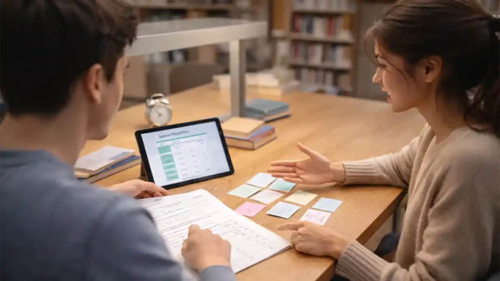 Students using active recall and spaced repetition with flashcards in a library