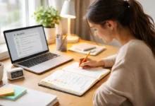 Study tips that work–student studying calmly with notebook and laptop