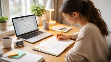 Study tips that work–student studying calmly with notebook and laptop