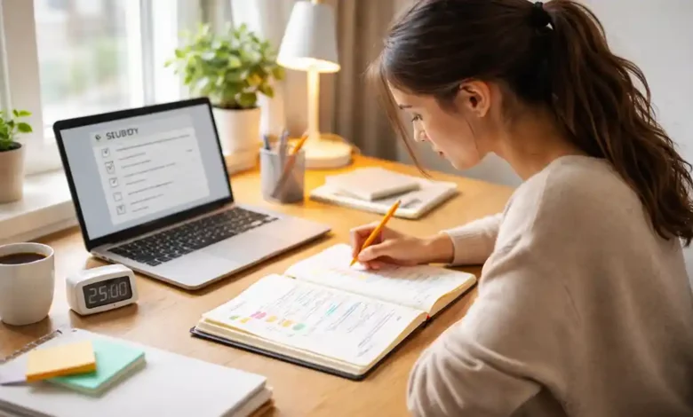 Study tips that work–student studying calmly with notebook and laptop