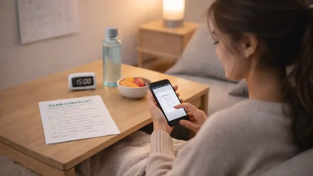 Student using flashcards on phone for stress-free exam prep at home