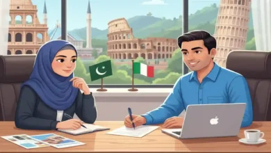 Pakistani student consulting with an Italian study visa expert in Islamabad office, with Italian landmarks in background