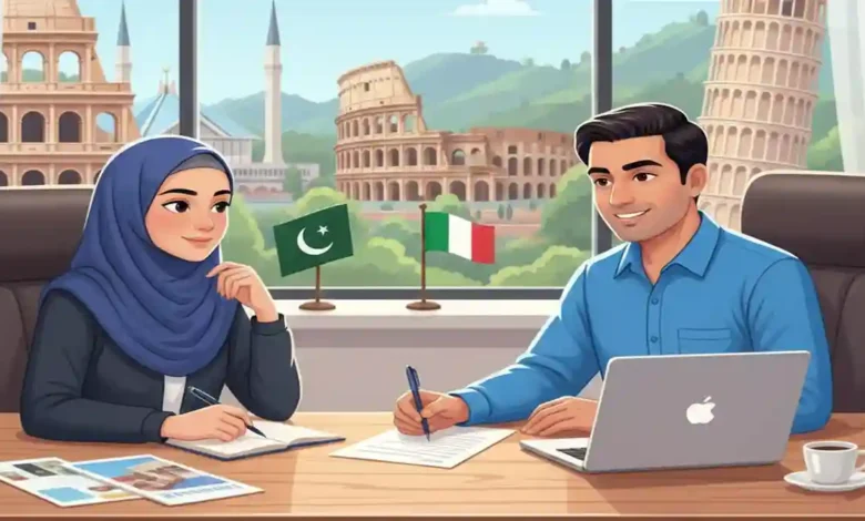 Pakistani student consulting with an Italian study visa expert in Islamabad office, with Italian landmarks in background