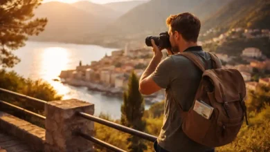 Travel photographer taking a photo at golden hour overlooking a coastal town and mountains for stunning travel photography.