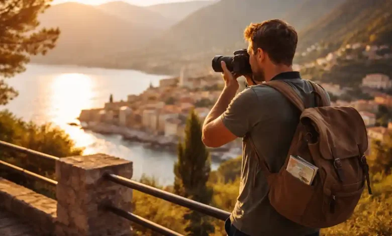 Travel photographer taking a photo at golden hour overlooking a coastal town and mountains for stunning travel photography.
