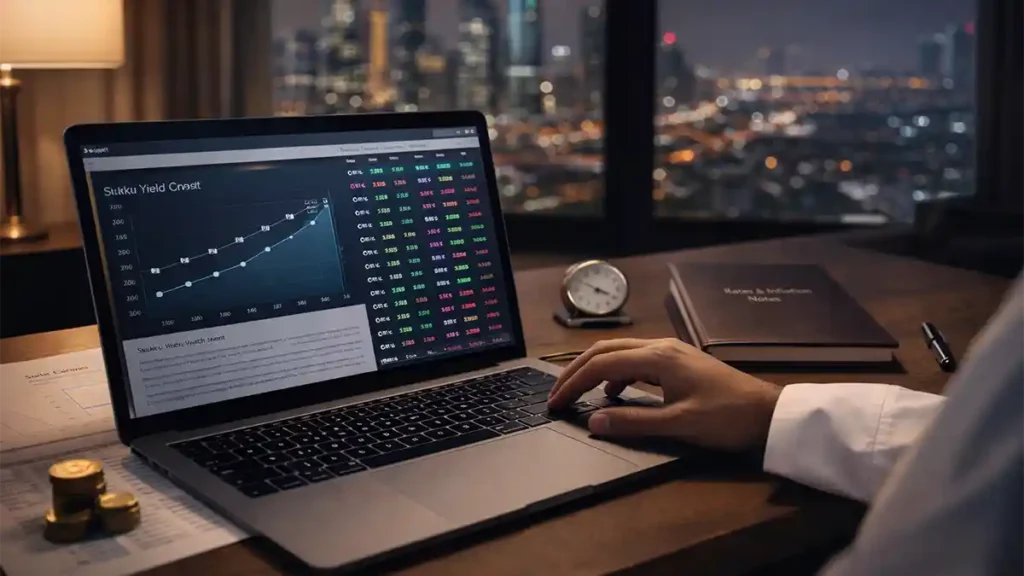 Laptop with a Tadawul-style stock watchlist beside a sukuk yield curve sheet and Saudi riyal coins, with Riyadh skyline lights in the background.