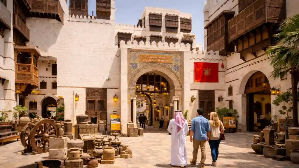 Visitors exploring the Tayebat Museum courtyard in Jeddah with traditional Arabian architecture, wooden balconies, and heritage artifacts on display.