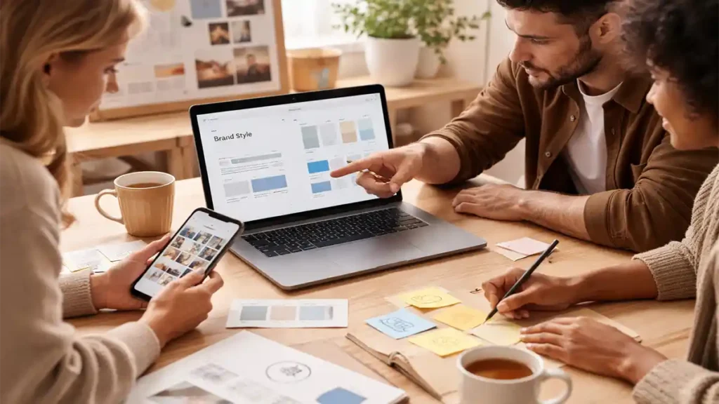 A small team reviewing an effective online brand style guide on a laptop while planning social media content and brand visuals at a desk.
