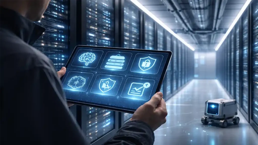 Modern AI data center corridor with server racks, liquid cooling, and a technician using a tablet dashboard for tech trends 2026 like AI, security, and cloud.