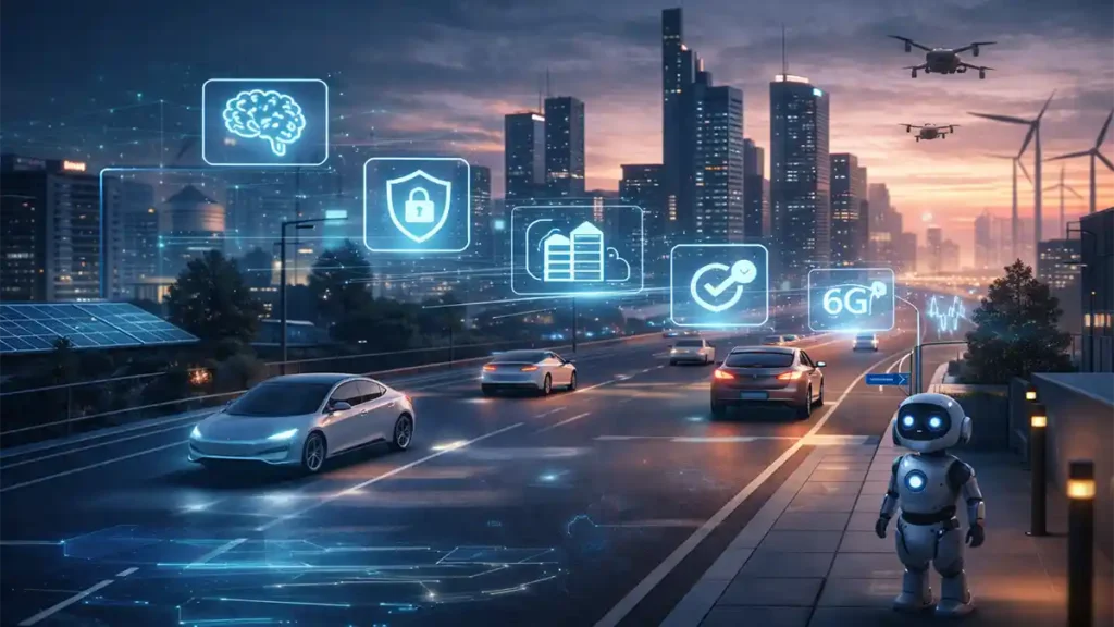 Futuristic smart city at dusk with autonomous vehicles, drones, robotics, and digital overlays highlighting tech trends 2026 like AI, cybersecurity, and 6G.