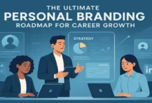 Digital illustration of diverse professionals working on laptops with strategy graphics, representing personal branding and career growth roadmap.