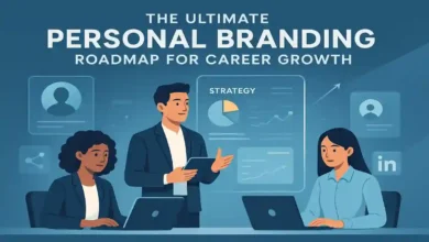 Digital illustration of diverse professionals working on laptops with strategy graphics, representing personal branding and career growth roadmap.