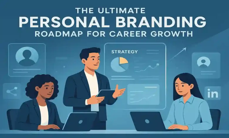 Digital illustration of diverse professionals working on laptops with strategy graphics, representing personal branding and career growth roadmap.