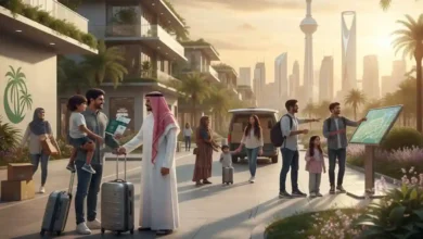 Illustration of Indian expatriates arriving and settling in Saudi Arabia, showing cultural adaptation, visa documentation, Saudi landmarks, and housing elements in a modern 1200x675 featured image.