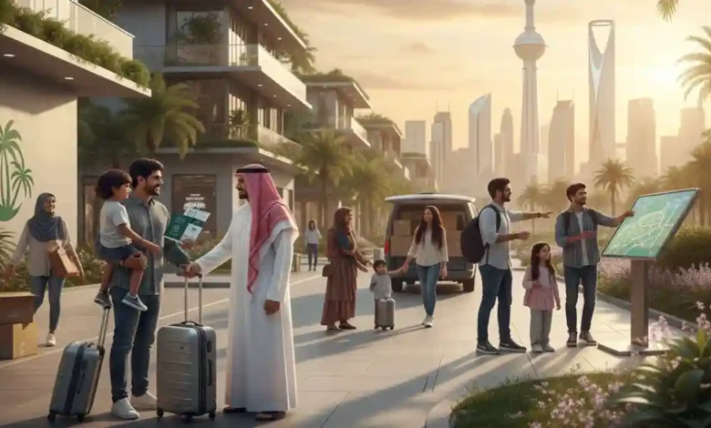 Illustration of Indian expatriates arriving and settling in Saudi Arabia, showing cultural adaptation, visa documentation, Saudi landmarks, and housing elements in a modern 1200x675 featured image.