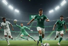 Illustration of key players of Saudi Arabia’s national football team in 2025 with modern green-themed football graphics