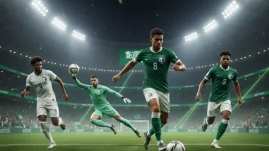 Illustration of key players of Saudi Arabia’s national football team in 2025 with modern green-themed football graphics