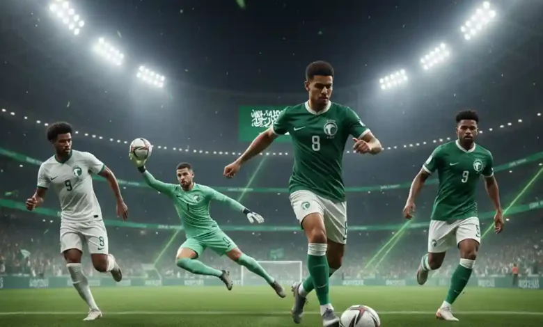 Illustration of key players of Saudi Arabia’s national football team in 2025 with modern green-themed football graphics