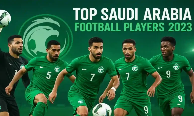 Top players of Saudi Arabia’s national football team in 2023 with goalkeeper, defender, midfielder, and forward in action on the field.