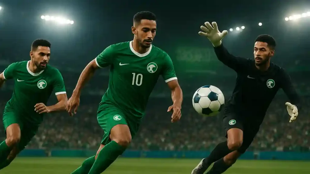 Saudi Arabia’s 2025 national football players in action with stadium background
