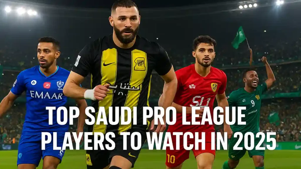 Dynamic football action scene in a modern Saudi stadium at night, representing top Saudi Pro League players to watch in 2025 without showing real faces or logos.