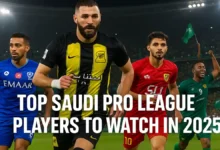 Dynamic football action scene in a modern Saudi stadium at night, representing top Saudi Pro League players to watch in 2025 without showing real faces or logos.