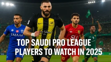 Dynamic football action scene in a modern Saudi stadium at night, representing top Saudi Pro League players to watch in 2025 without showing real faces or logos.