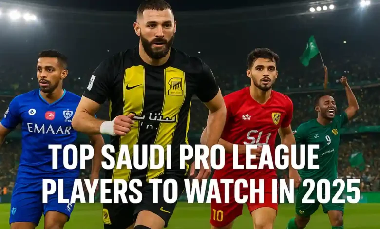 Dynamic football action scene in a modern Saudi stadium at night, representing top Saudi Pro League players to watch in 2025 without showing real faces or logos.