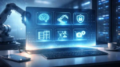 Futuristic high-tech workspace with holographic AI interface showing tech trends 2026 like robotics, cybersecurity, and data centers.