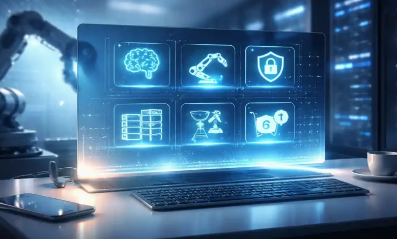 Futuristic high-tech workspace with holographic AI interface showing tech trends 2026 like robotics, cybersecurity, and data centers.