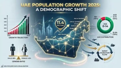 UAE population 2025 infographic showing demographic growth, emirate distribution, and modern skyline elements.