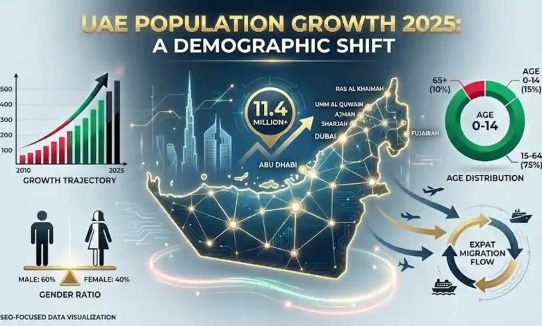 UAE population 2025 infographic showing demographic growth, emirate distribution, and modern skyline elements.