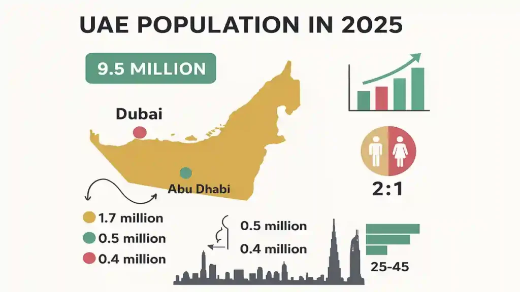 Infographic-style image showing UAE population trends for 2025 with maps, charts, and city skylines representing demographic growth.