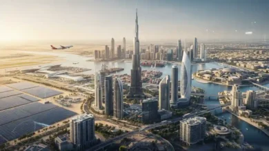 Panoramic view of UAE showing Dubai skyline with Burj Khalifa, Abu Dhabi cityscape, renewable energy projects, smart cities, and cultural landmarks symbolizing innovation and economic success.