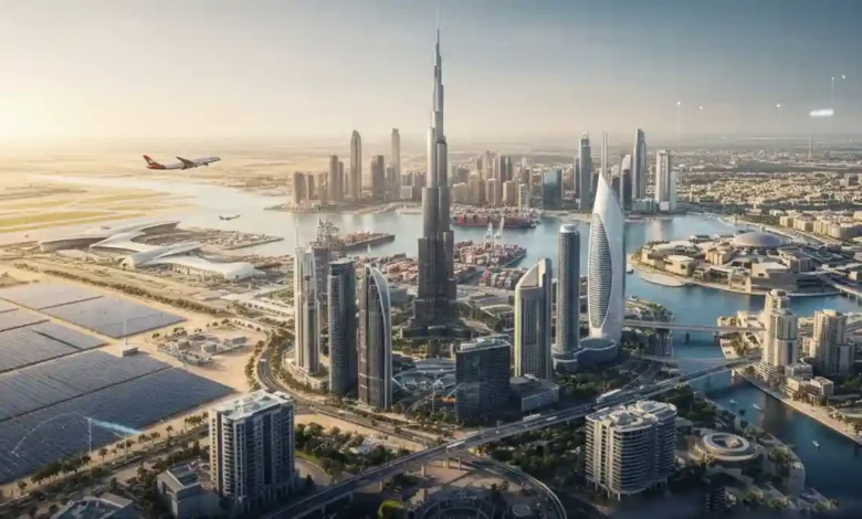 Panoramic view of UAE showing Dubai skyline with Burj Khalifa, Abu Dhabi cityscape, renewable energy projects, smart cities, and cultural landmarks symbolizing innovation and economic success.