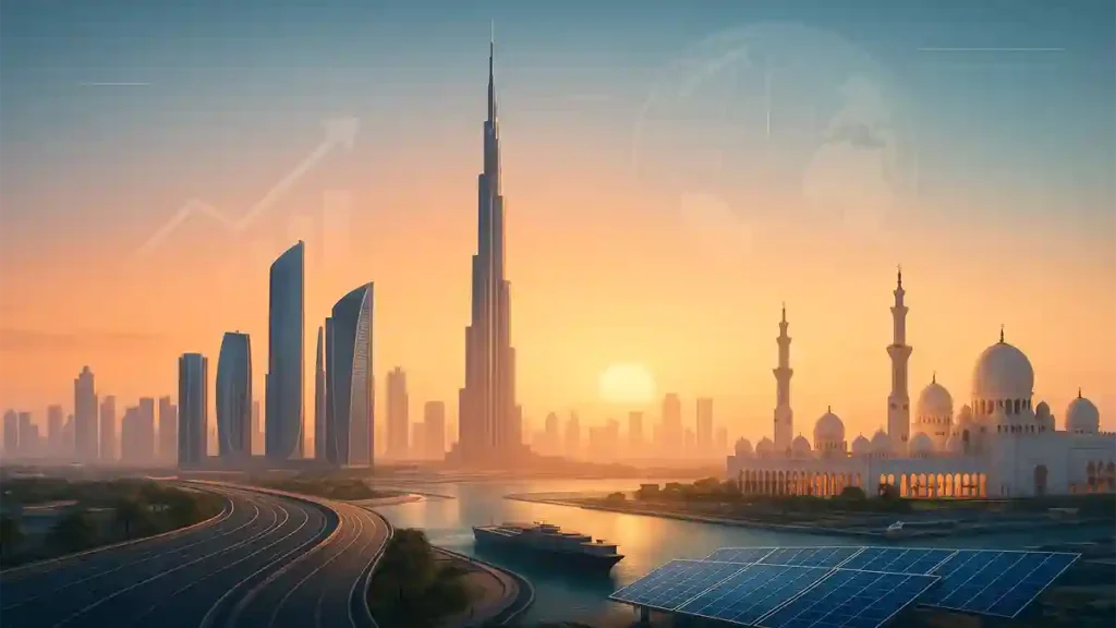 A modern panoramic view of UAE skylines with iconic landmarks, symbolizing smart strategy, innovation, and national development.