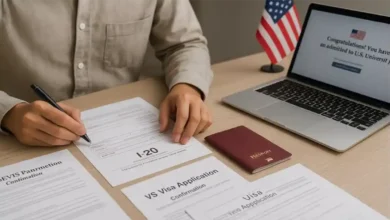 International student completing US Study Visa paperwork with I-20 form, passport, SEVIS confirmation, and laptop showing acceptance letter.