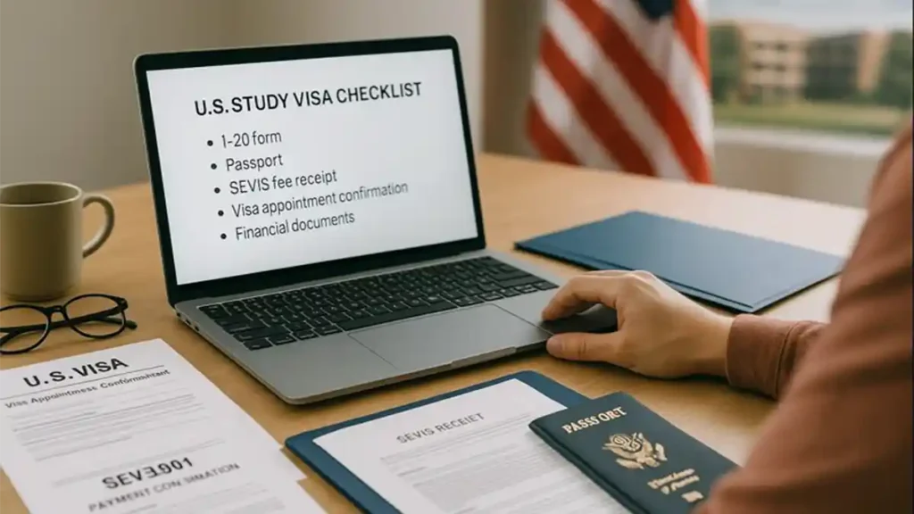 International student reviewing a US Study Visa checklist on a laptop with SEVIS receipt, visa appointment confirmation, passport, and academic documents on a modern desk.