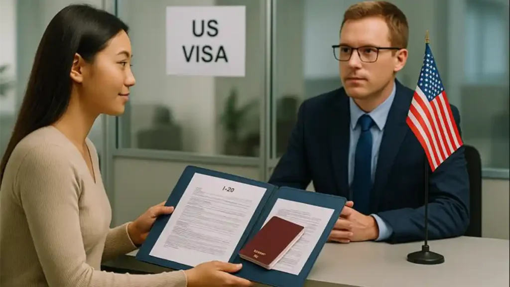 International student attending a US Study Visa interview at an embassy, holding I-20 form, passport, and financial documents.