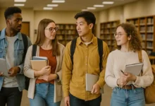 University students walking together inside a library while discussing their studies. (Choosing the Right University)
